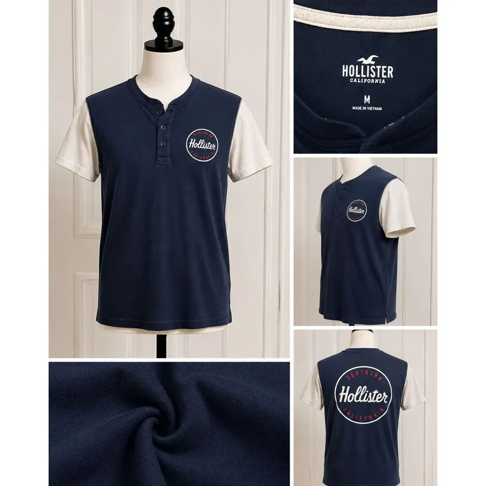 Hollister Men’s Medium Navy White Henley Graphic Tee Short Sleeve Shirt